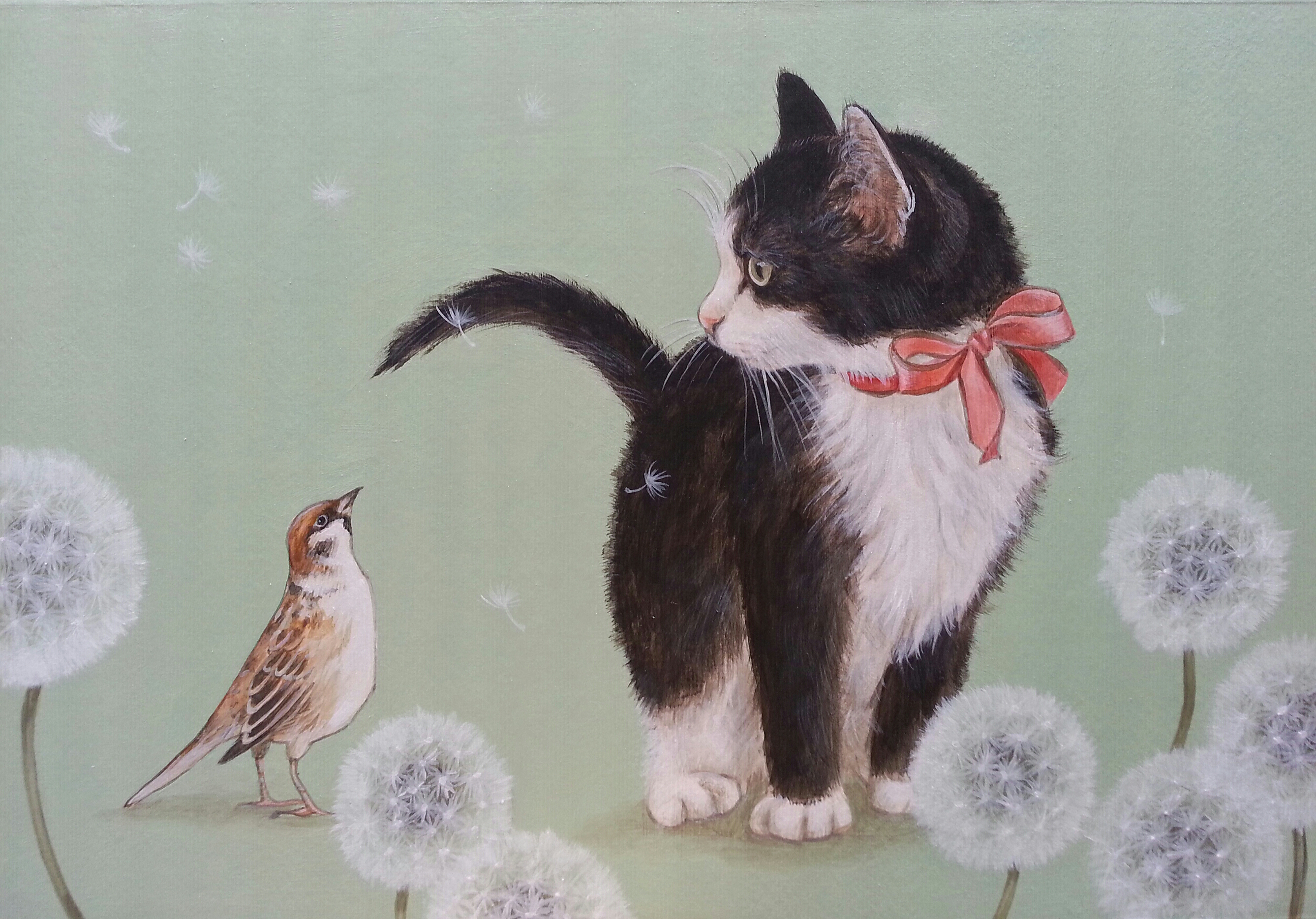 猫とすずめ | おちょぴ ｜インテリア絵画 アートの専門通販