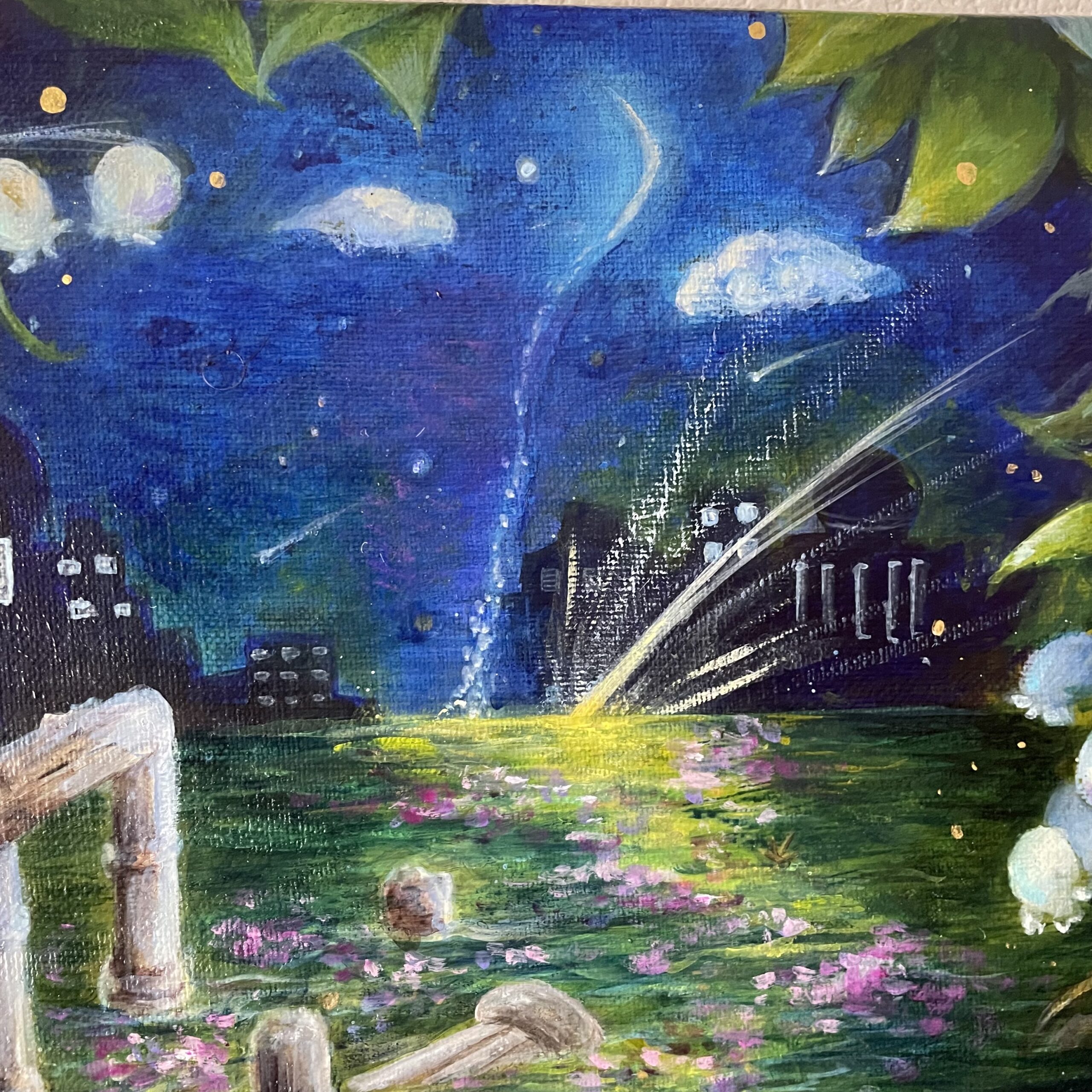 アクリル原画】淡いすずらんとグリーンファンタジーな世界 〜葉の船に