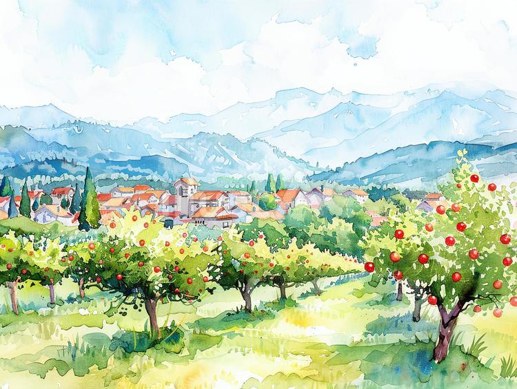 水彩画／長野県のりんご果樹園と山の風景イラスト - No: 25362143