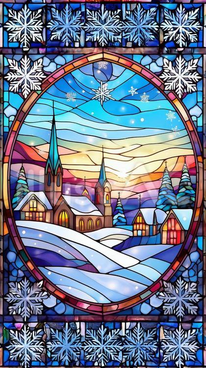 レトロな教会と雪景色のステンドグラス1イラスト - No: 25747807