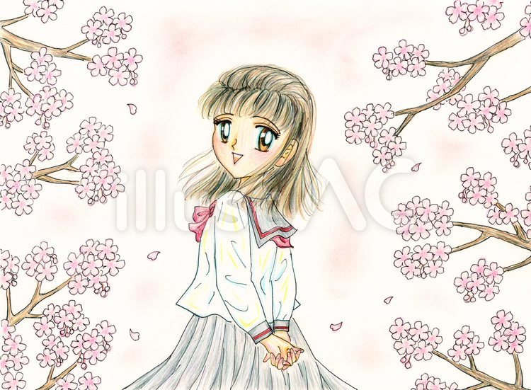 桜とセーラー服少女 手描き アナログイラスト - No: 2385323｜無料