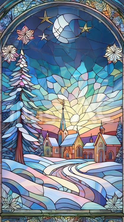 レトロな教会と雪景色のステンドグラス7イラスト - No: 25770326