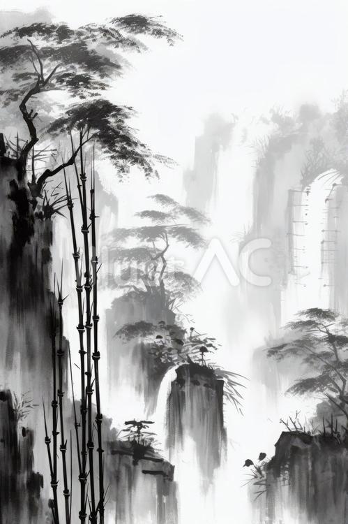 自然風景の水墨画イラスト - No: 23984292｜無料イラスト・フリー素材