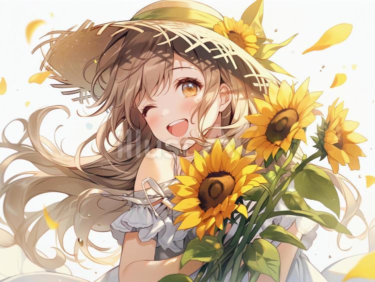 ひまわりと麦わら帽子の少女イラスト - No: 24129025｜無料イラスト
