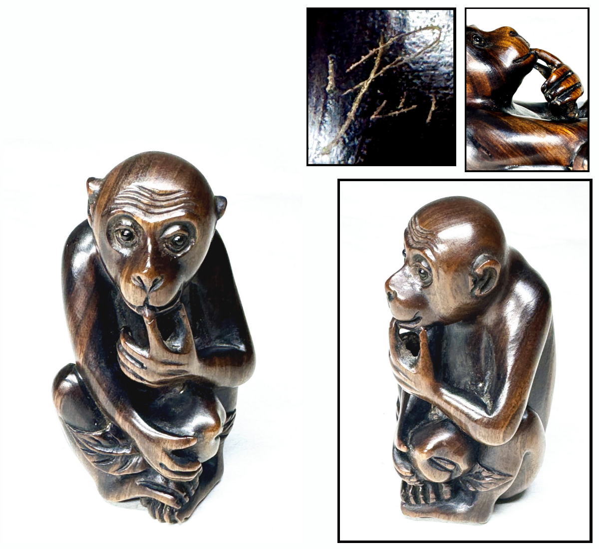 極上 人物に猿 根付34g 東里8-0108☆2F 極上 人物に猿 根付34g 東里8