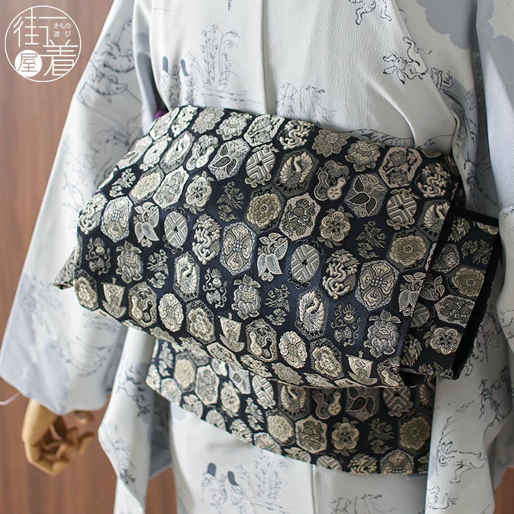 袋帯 全通 グレー系 花紋 亀甲紋様 袋帯 全通 グレー系 花紋 亀甲紋様