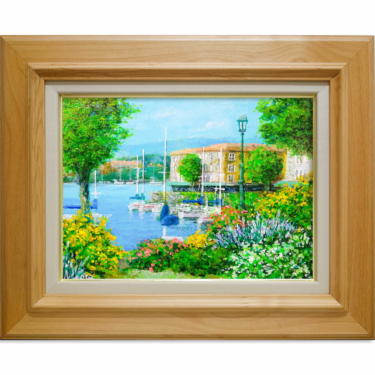 油絵 絵 絵画インテリア 額付(青緑＋金色の枠)F4-040314 子供雨