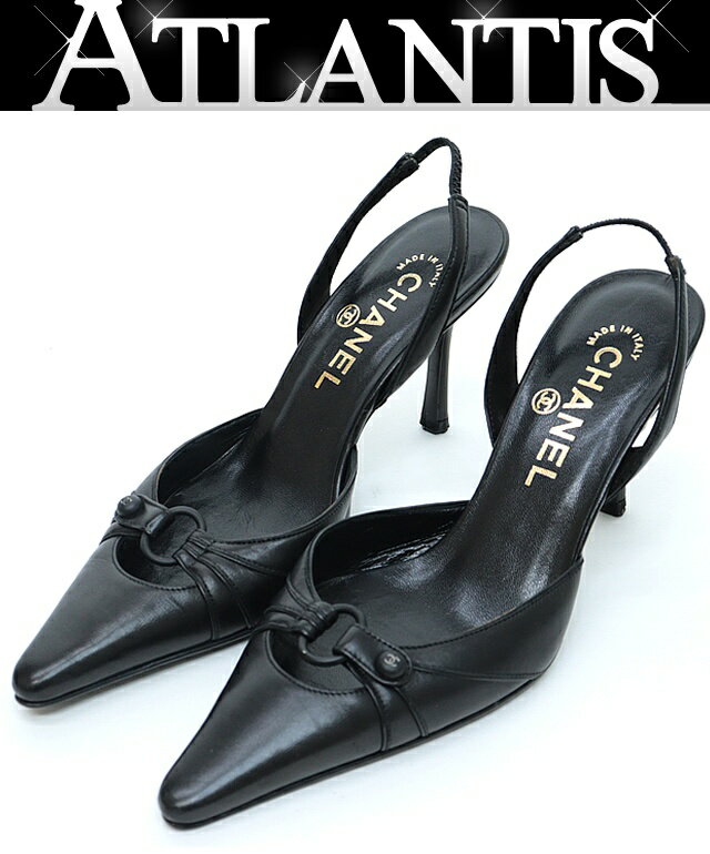 箱あり CHANEL シャネル バックスリング リボン ブラック ヒール