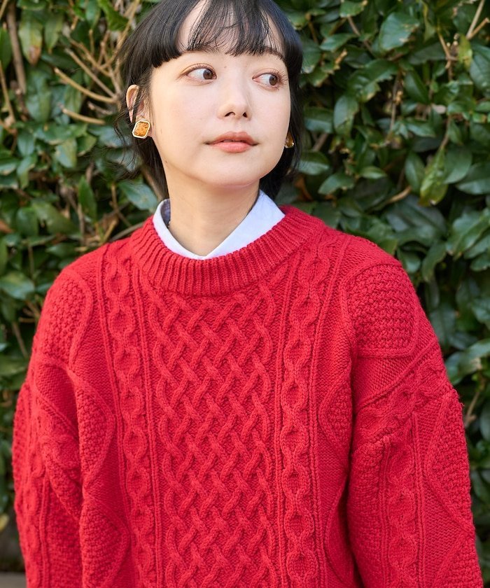 楽天市場】ケーブル ニット（カラーレッド）（ニット・セーター