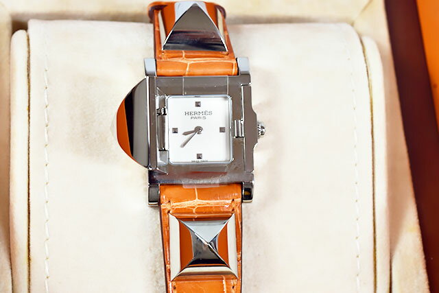 超美品】HERMES オレンジレザー スクエア時計