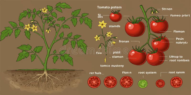 Tomato Plant Diagram with Labeled Parts, Vector Illustration Stock