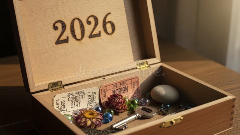 Wooden Time Capsule Box with 2026 Engraving and Various Mementos