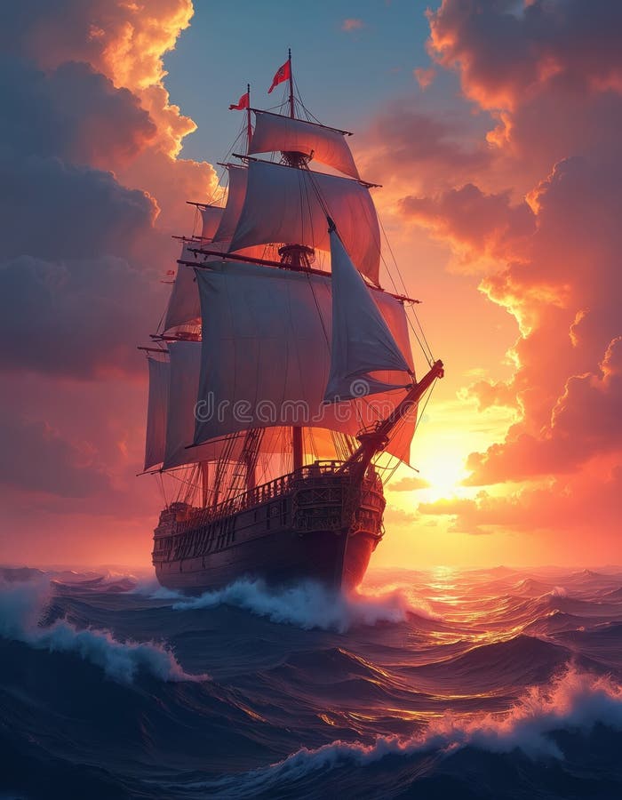Fiery Sunset Sailing Ship Ocean Dramatic Sky Fantasy Art Stock