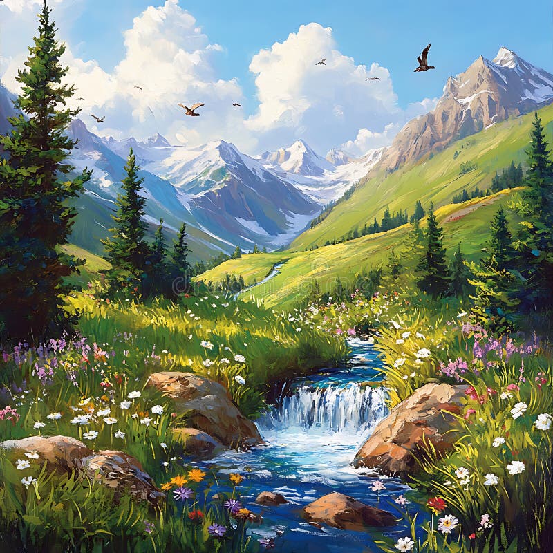 Scenic River Valley Landscape Mountains Evergreen Trees Art Stock