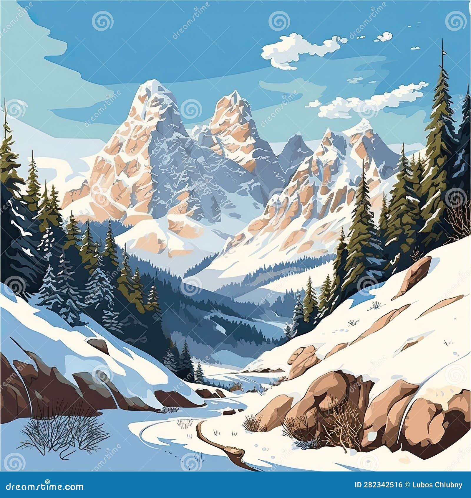 Winter in the Mountains of the Italian Dolomites. Cartoon Snowy
