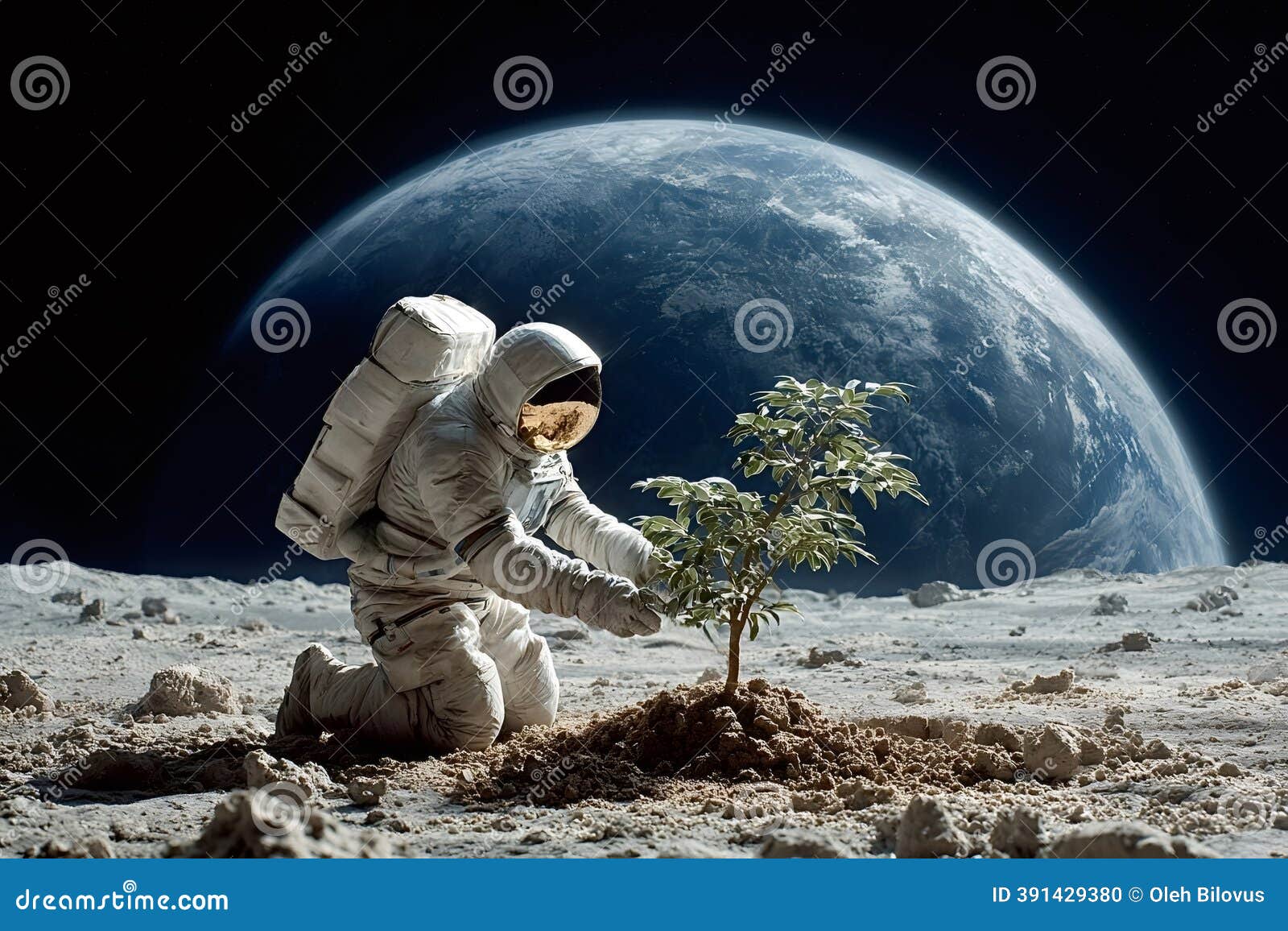 Astronaut Planting Tree on the Moon with Earth in Background Stock