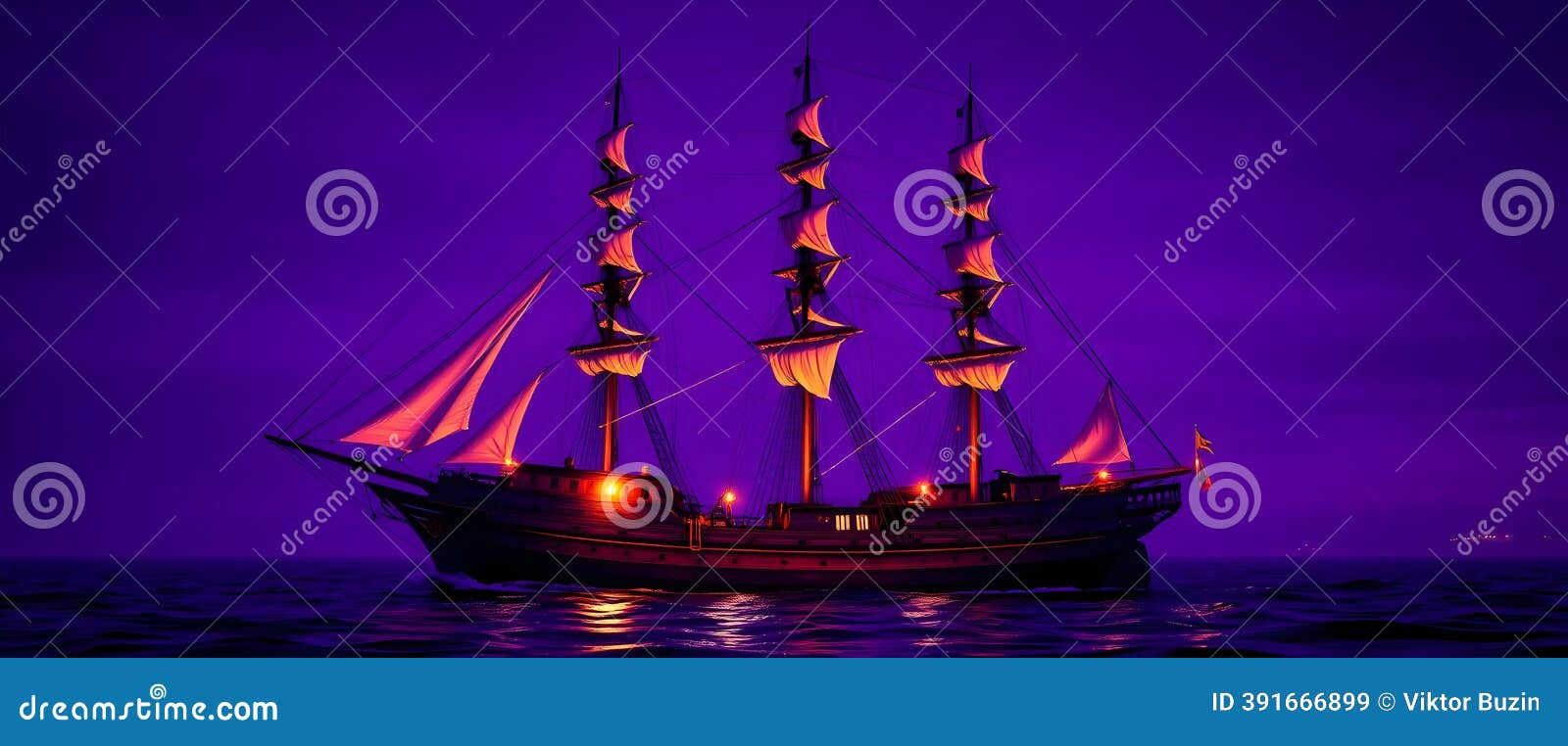 Midnight Voyage: a Majestic Tall Ship Sailing through a Purple