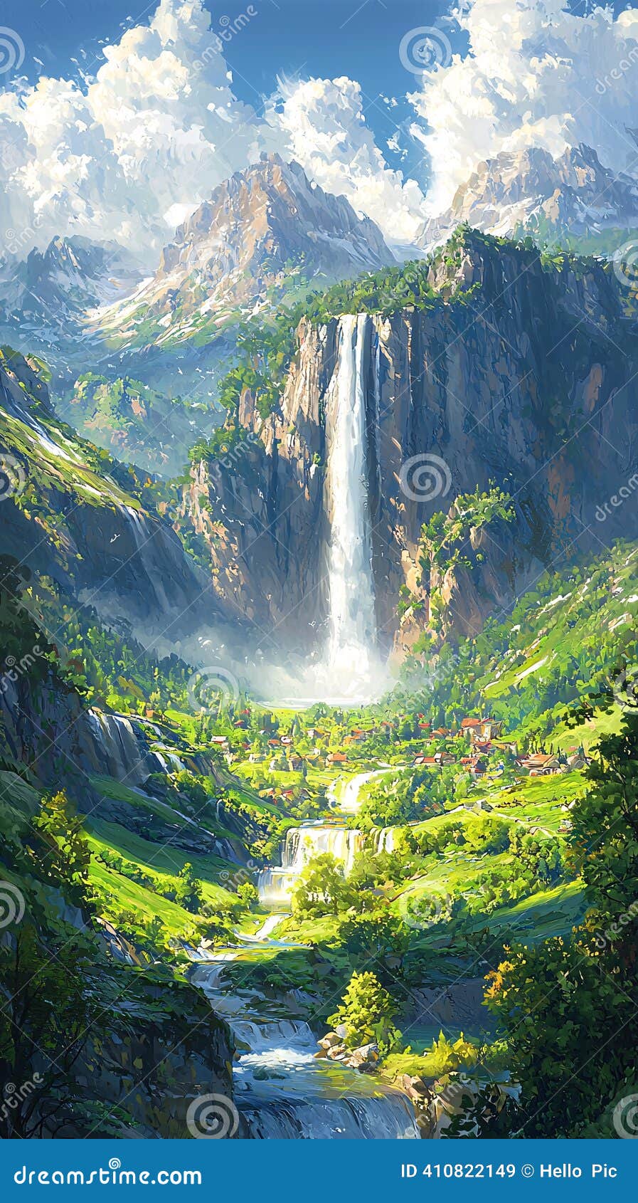 Mountain Waterfall Landscape Painting Stock Illustration