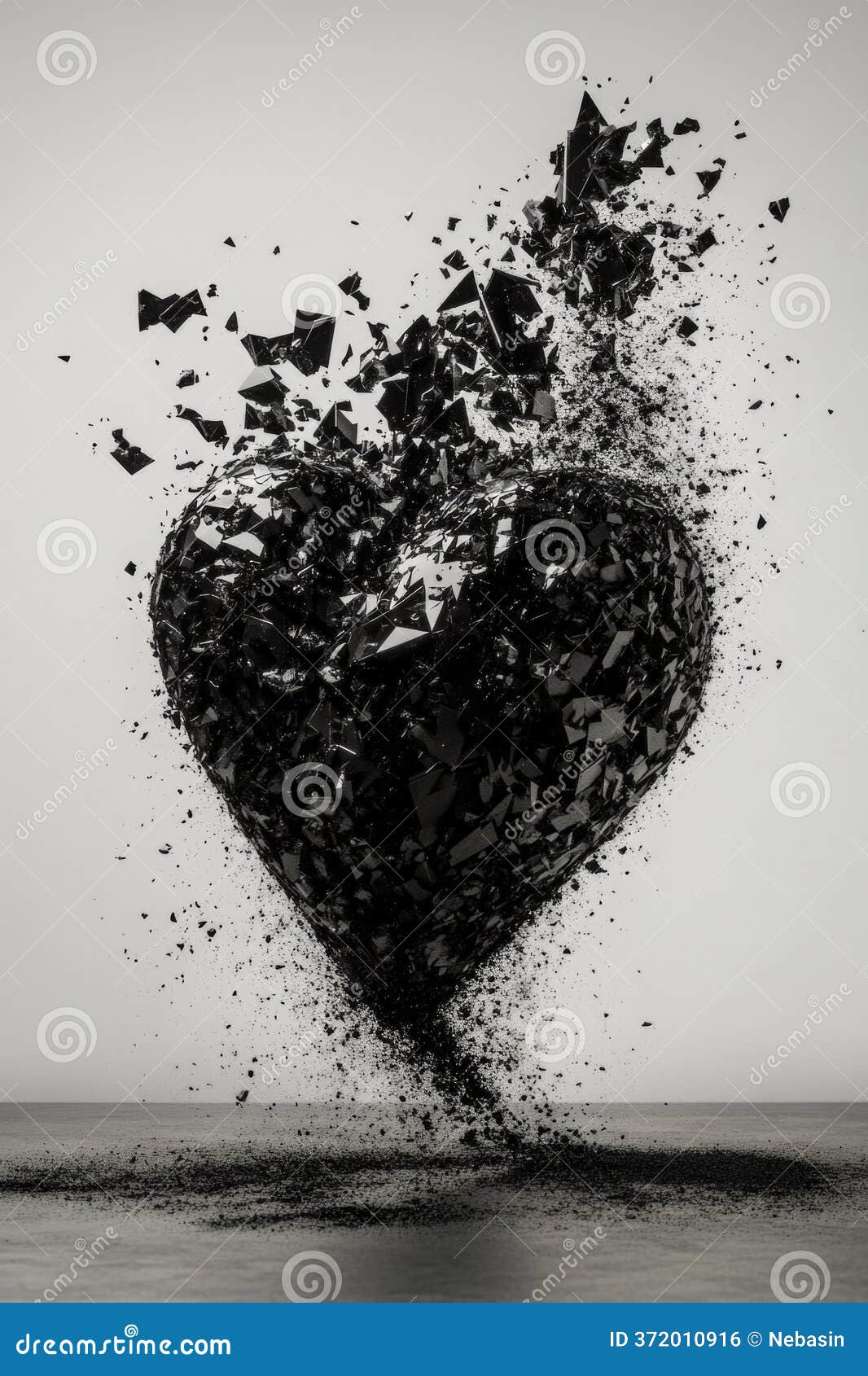 Shattered Black Heart Exploding into Fragments Over Ocean Horizon