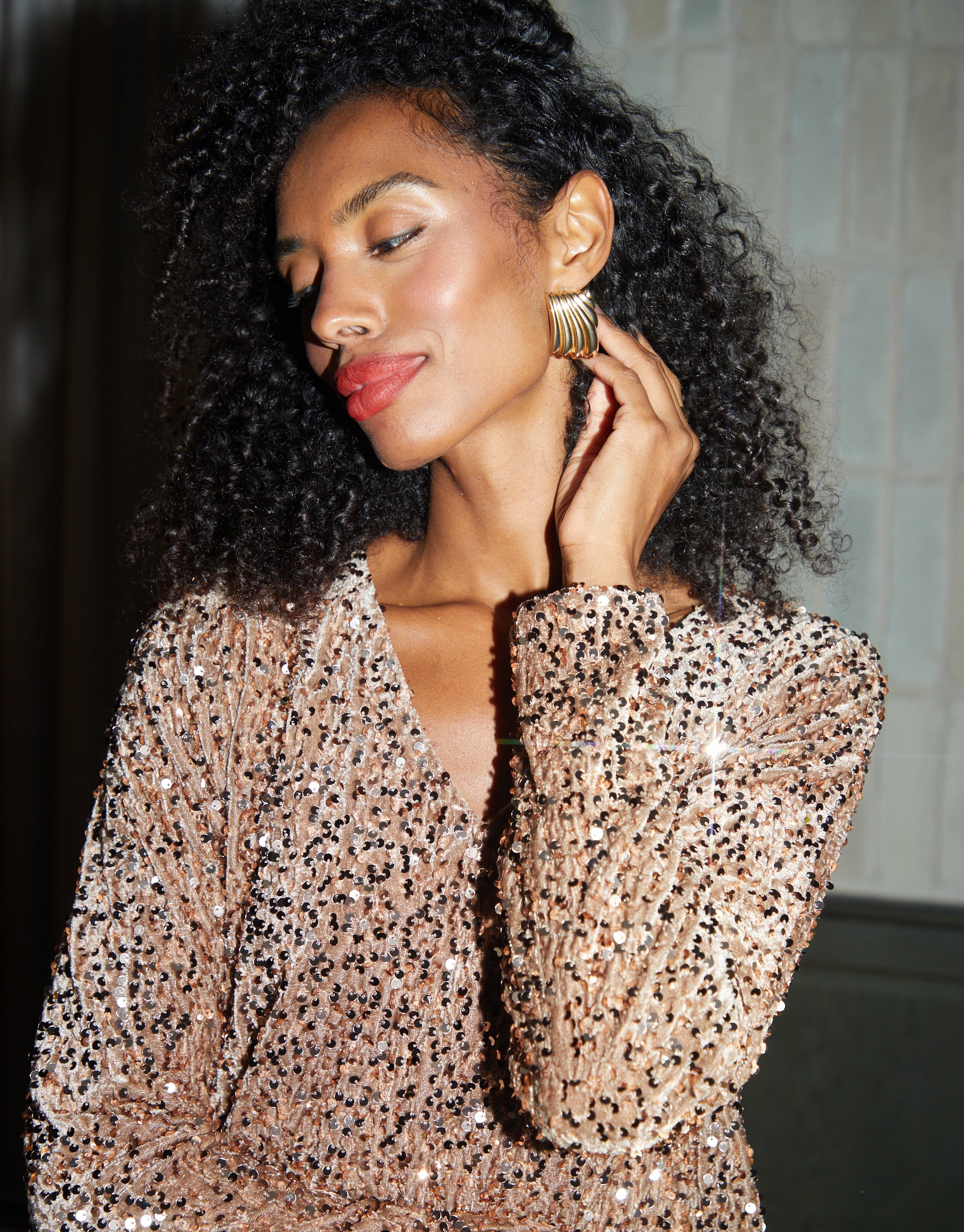 Threadbare Women's Bronze Sequin Velour V Neck Mini Dress