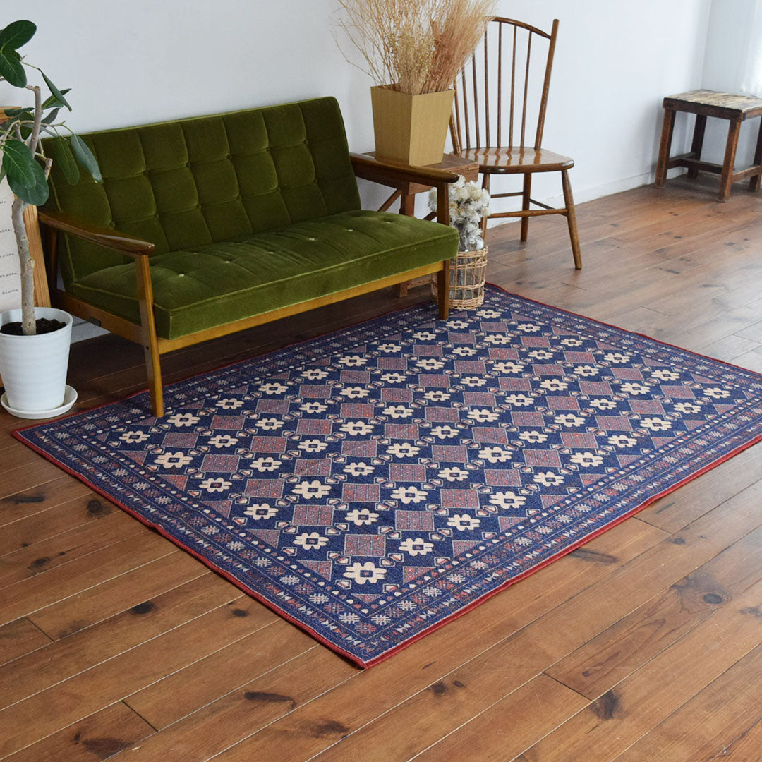 ヴィンテージ風ラグ TOCORU Series バルーチ フラワー ループ ネイビー