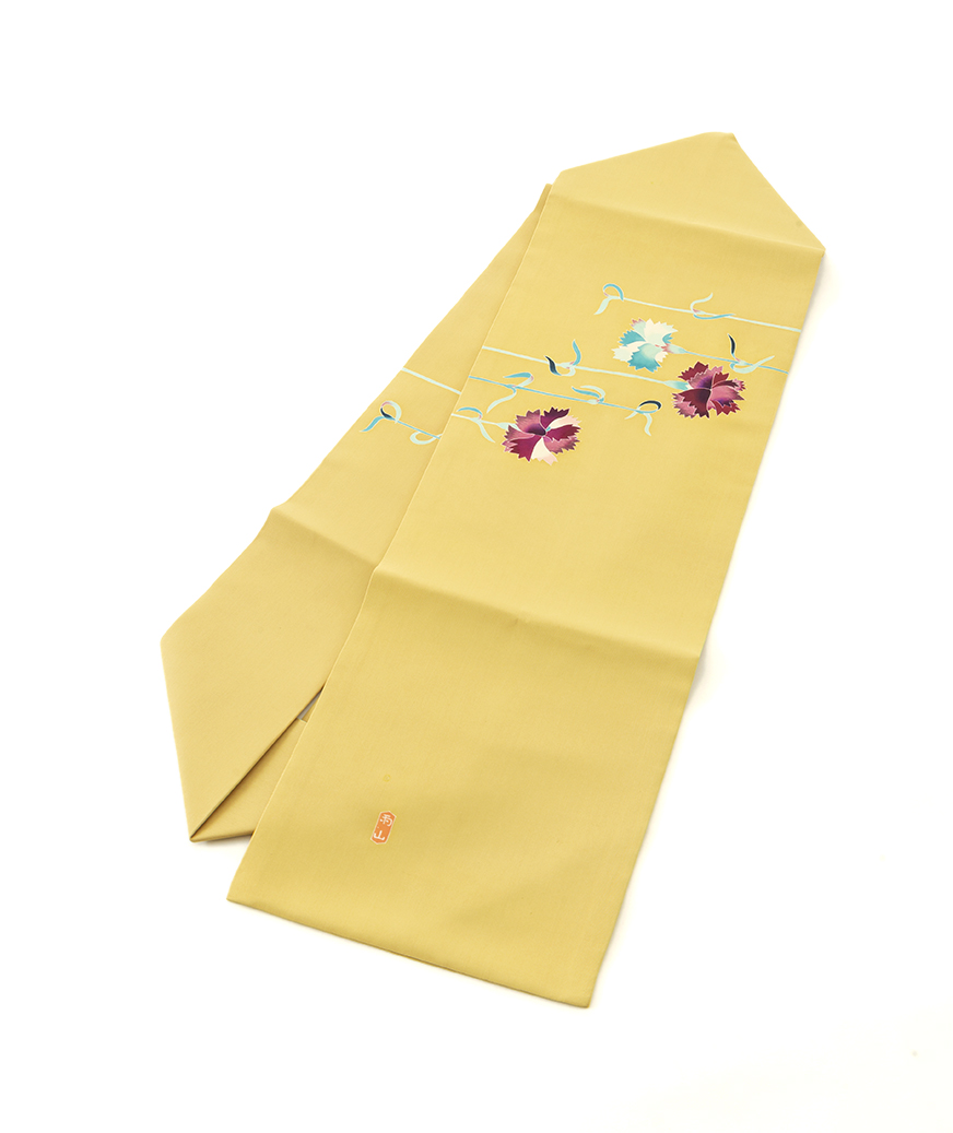 人間国宝 木村雨山作 本加賀友禅 塩瀬九寸名古屋帯 「カーネーション