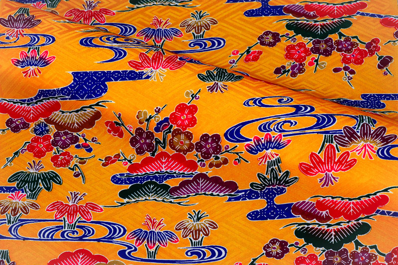 紅型（びんがた） 流水に松竹梅（山吹）柄の和柄生地通販なら都香庵