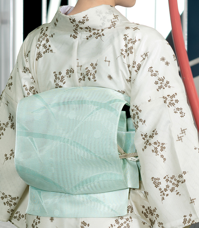 お仕立済み】紗八寸名古屋帯（薄グリーン系つゆ芝柄） 0011-01502-F-Y