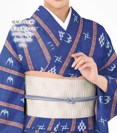 お仕立済み・単衣】琉球絣柄 洗える絽小紋（ブルー系）（M・L） 0013