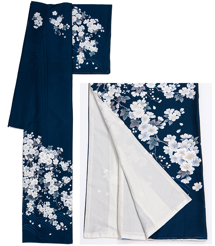 お仕立済み・袷】洗える訪問着（野バラ：紺）（M・L） 洗える訪問着