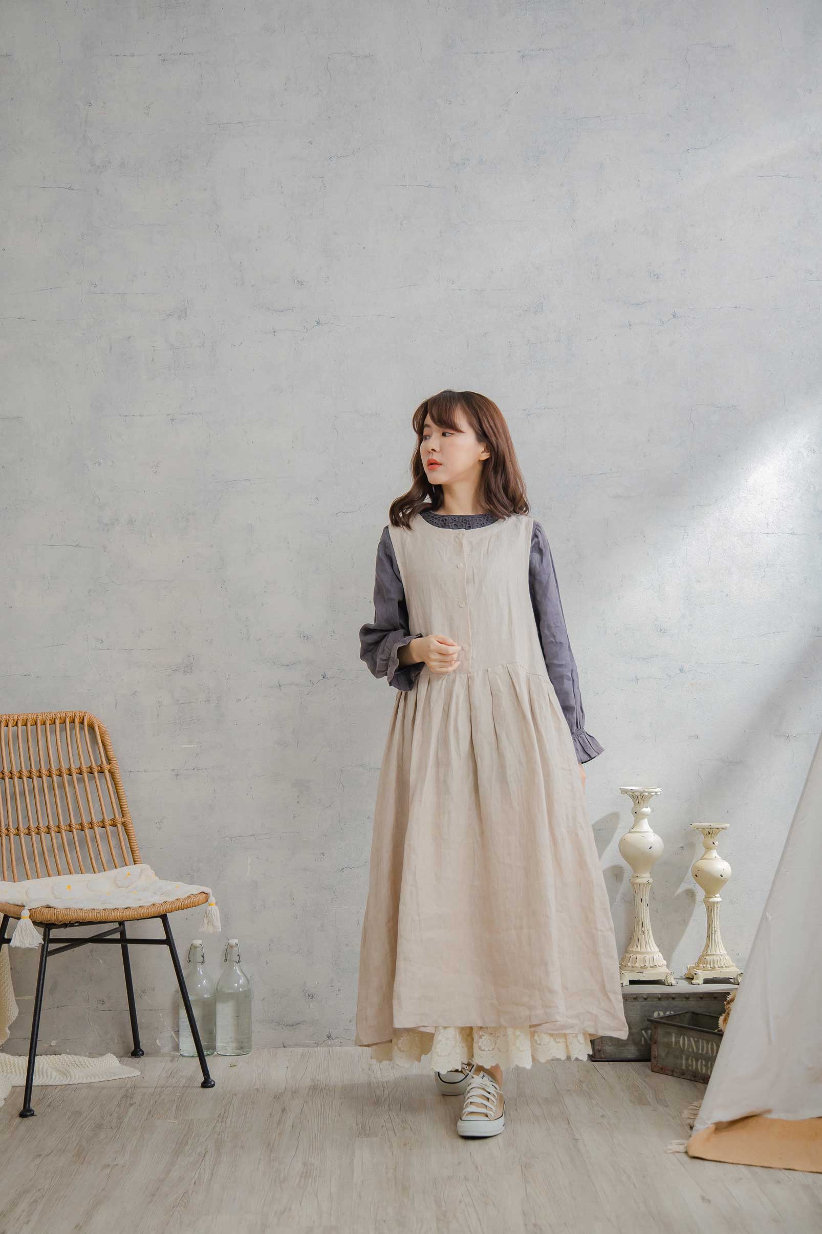 楽天市場】ノースリーブリネンロングワンピース 【 ベージュ ベイジ