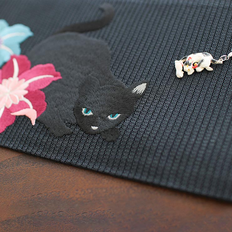 楽天市場】[華やか 刺繍帯] 細帯 半巾帯 猫と鉄線（クロ/104-302-005