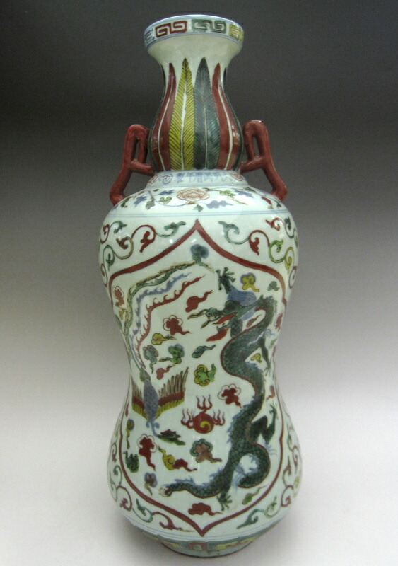 花瓶□古い赤絵龍文口広瓶 花器 花生け 置物 古玩 唐物 中国 時代物
