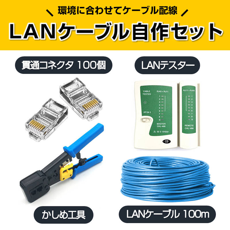 楽天市場】LANケーブル自作セット 貫通コネクタ100個+かしめ工具+LAN