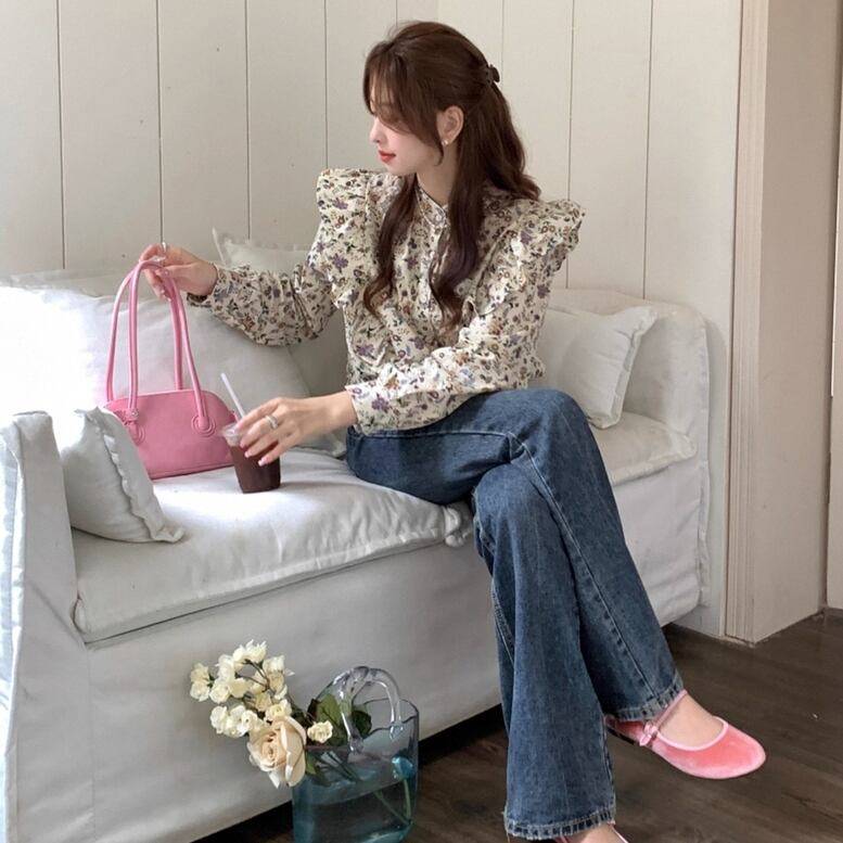 楽天市場】レディース ノーカラーフリル花柄シャツ トップス シャツ