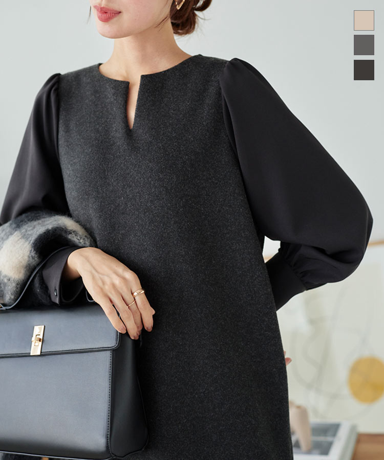 楽天市場】異素材切替 キーネック ワンピース レディース ワンピ