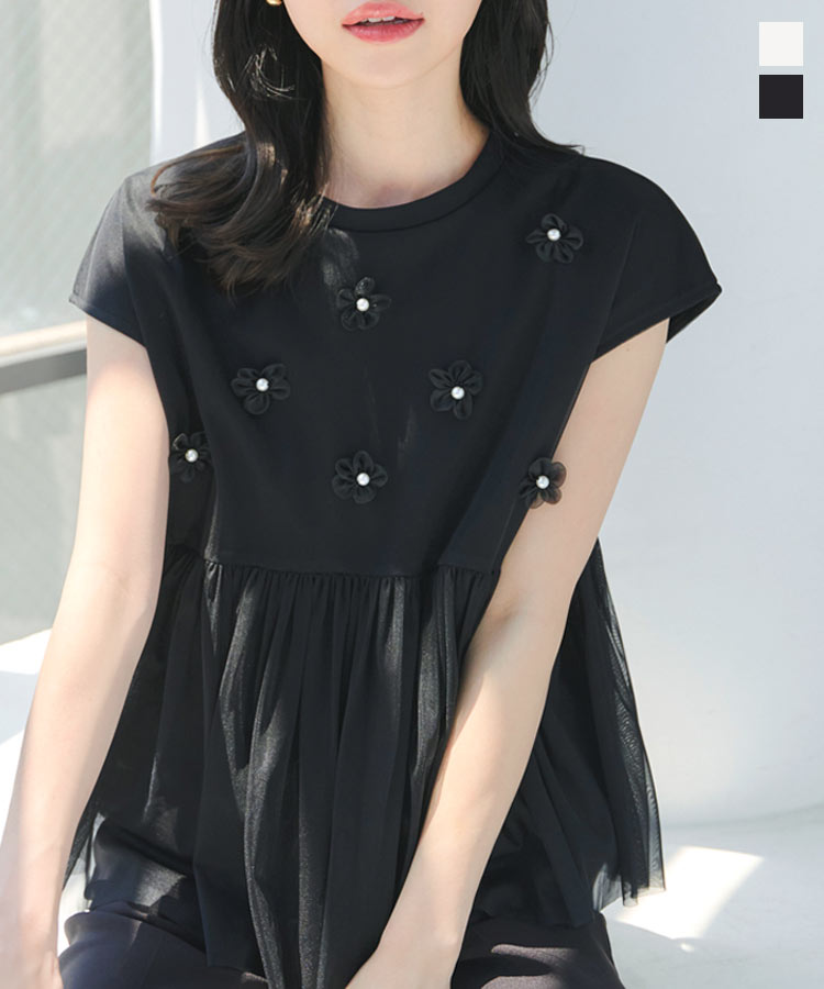 楽天市場】フラワーモチーフ チュール レイヤードトップス レディース