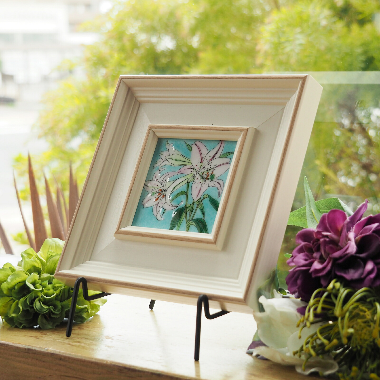 油絵 菅家令子絵 絵画インテリア額付(黒) uF6-063404 静物花グラス器