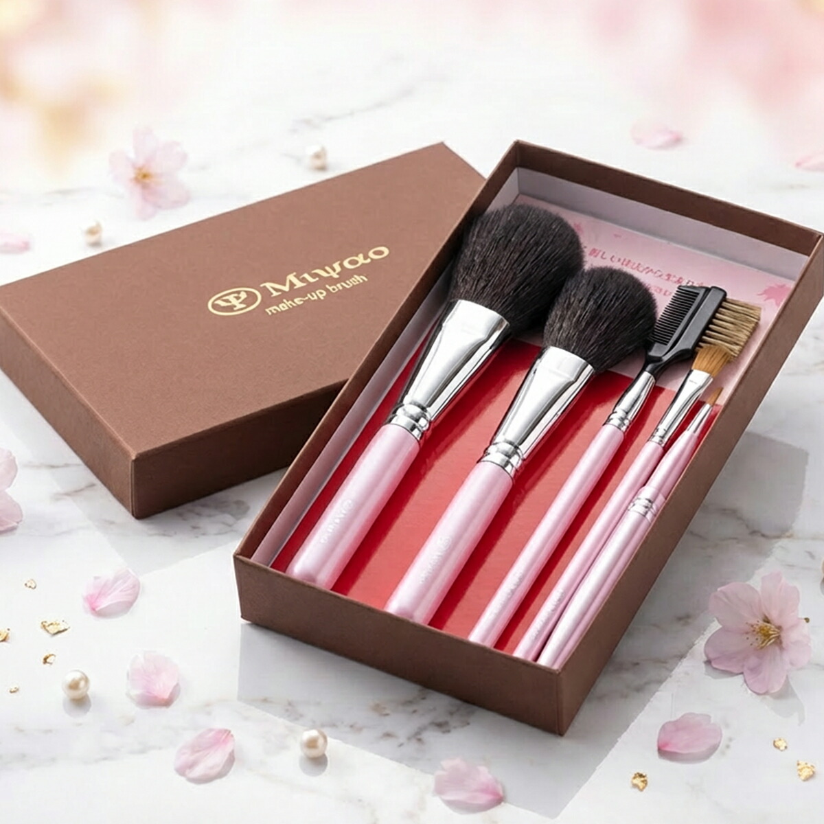 新品未開封】熊野筆 宮尾 メイクブラシセット 5本入り ピンクパール