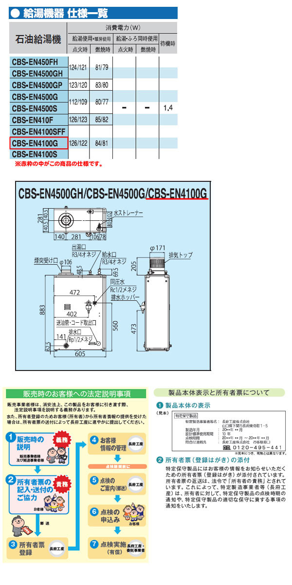 楽天市場】石油給湯器 給湯専用 灯油ボイラー CBS-EN4100G 長府工産