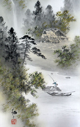 水面照月図】塩川文麟 1011 水面に映る月 掛け軸 肉筆 水面照月図