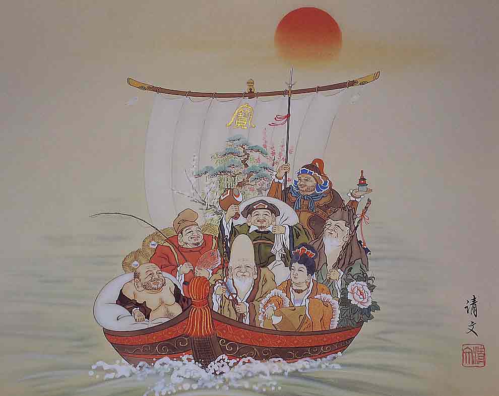 掛け軸/船/人物 掛け軸/船/人物 狩野探信/桃仙人図/掛軸☆宝船☆L-549