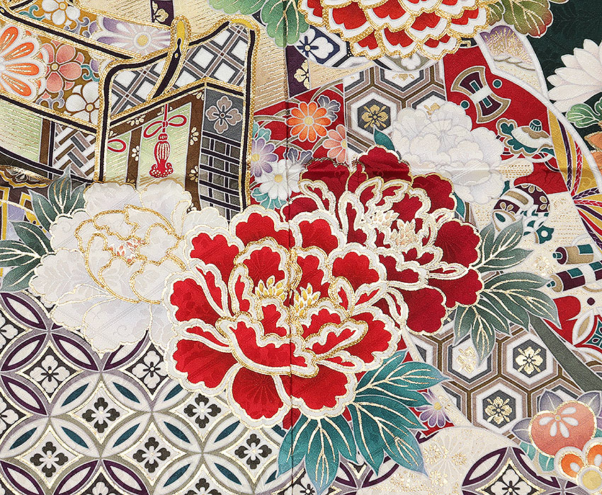 楽天市場】振袖 フルセット ひいな 値引き可 正絹 常盤色 緑色 牡丹に