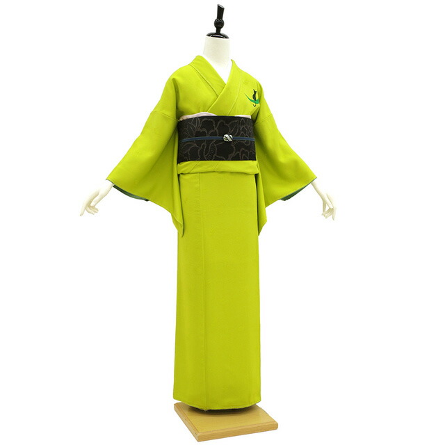 楽天市場】【新古品】 着物 未使用 洒落着物 正絹 袷 黄緑色 猫 三日月