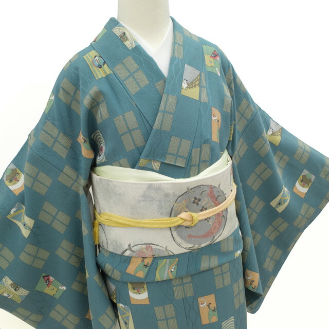 楽天市場】【中古】 小紋 袷 着物 リサイクル 正絹 青緑 昔ばなし 竹取