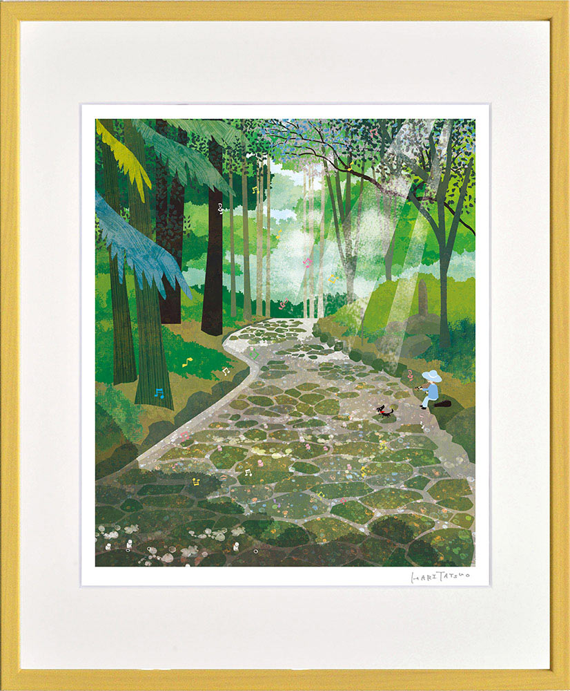 油絵 菅家令子絵 絵画インテリア額付(青緑＋金色の枠)F3-030919猫犬