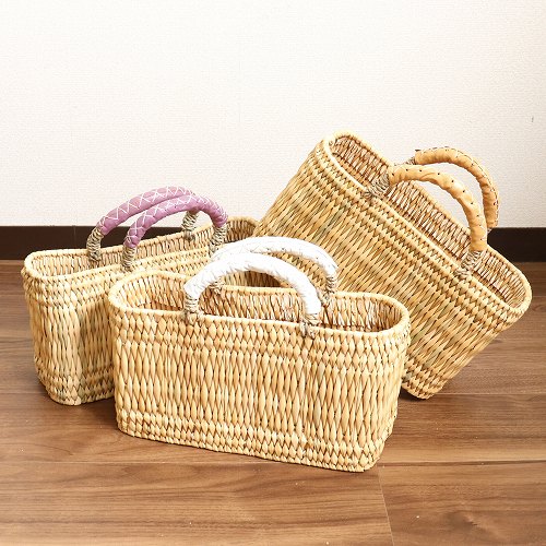 楽天市場】モロッコ ストローバスケット 横長かご カラーレザー