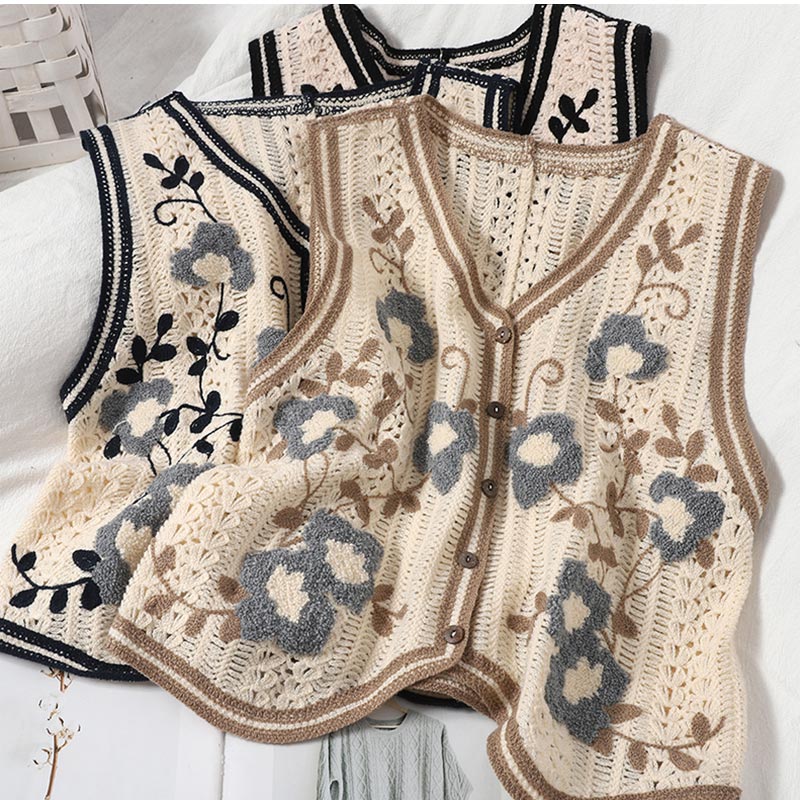 楽天市場】ニットベスト レディース 花柄 ベスト 春秋 刺繍 Vネック