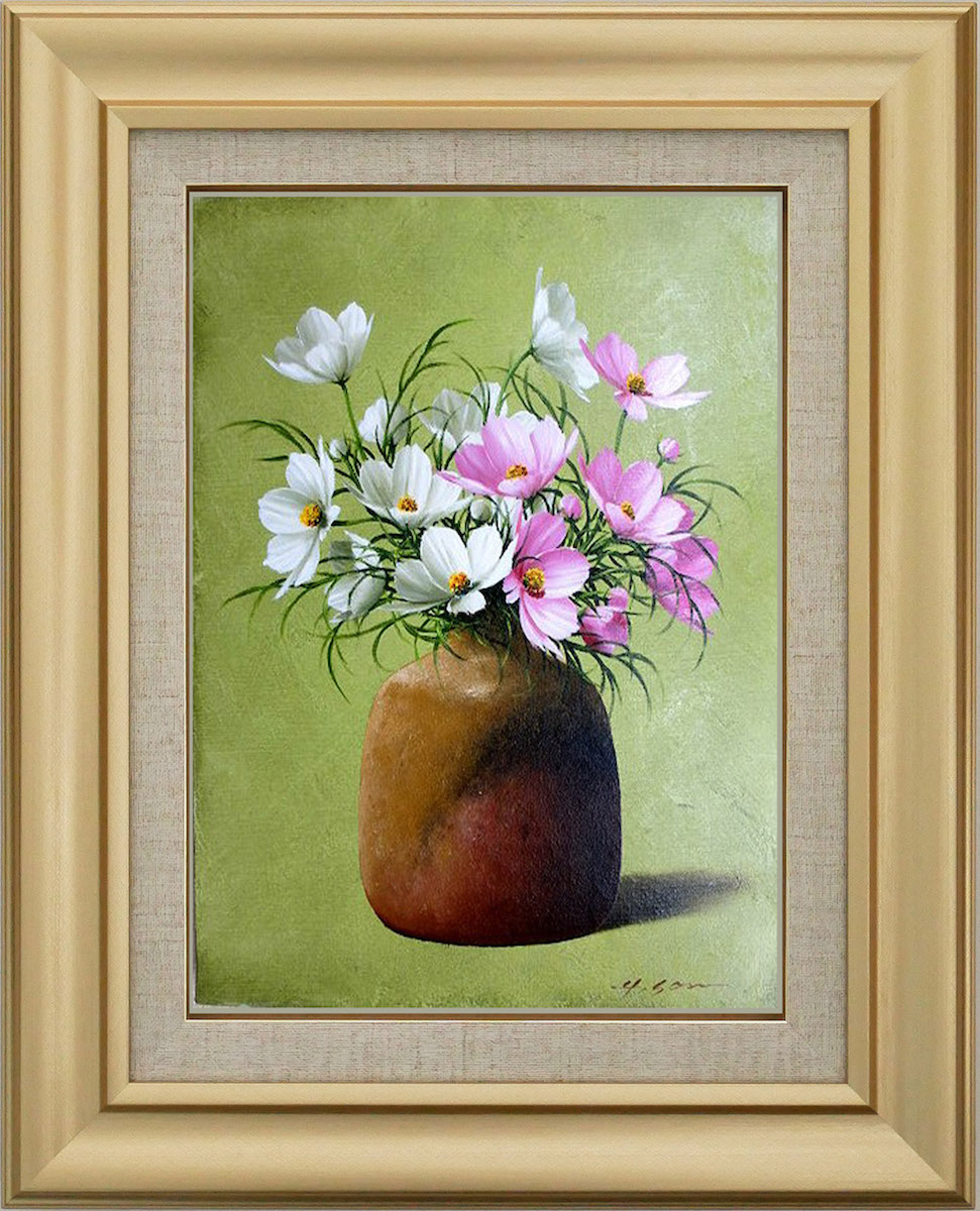 楽天市場】手描き 油絵 額入り油彩画 コスモス 花瓶 F6サイズ 縦 白