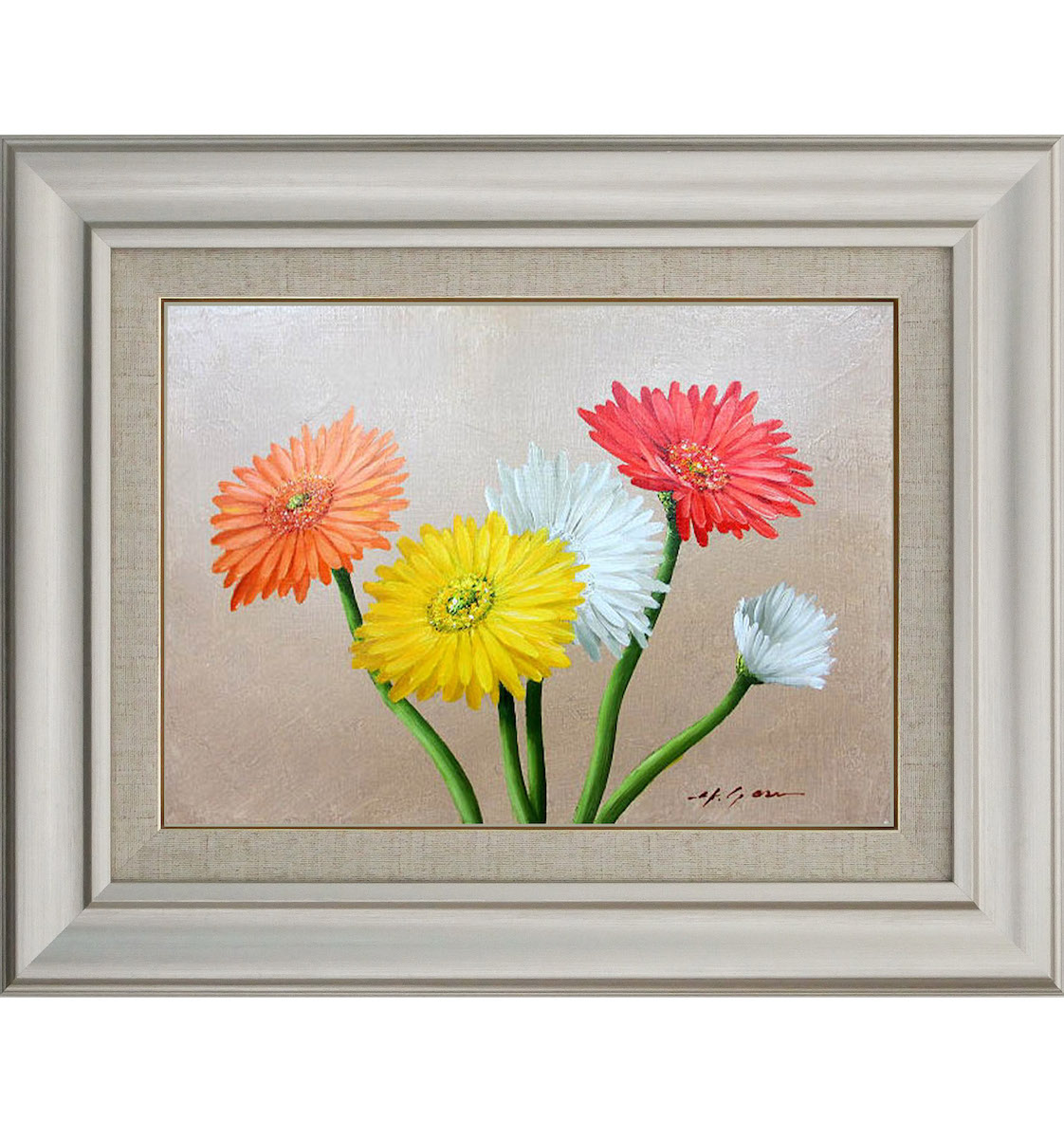 楽天市場】手描き 油絵 額入り油彩画 ガーベラ F6サイズ 黄色 オレンジ